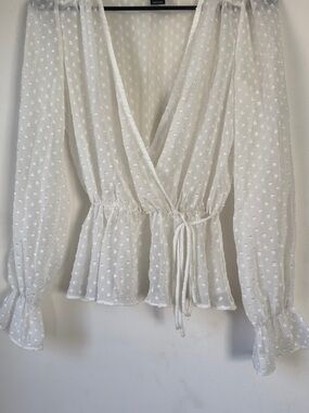 Aqua White Swiss Dot Sheer Wrap Blouse
